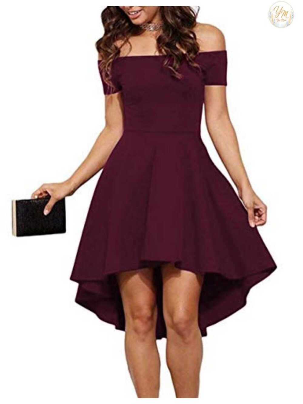 Womens Off Shoulder Short Sleeve High Low Skater Cocktail Dress